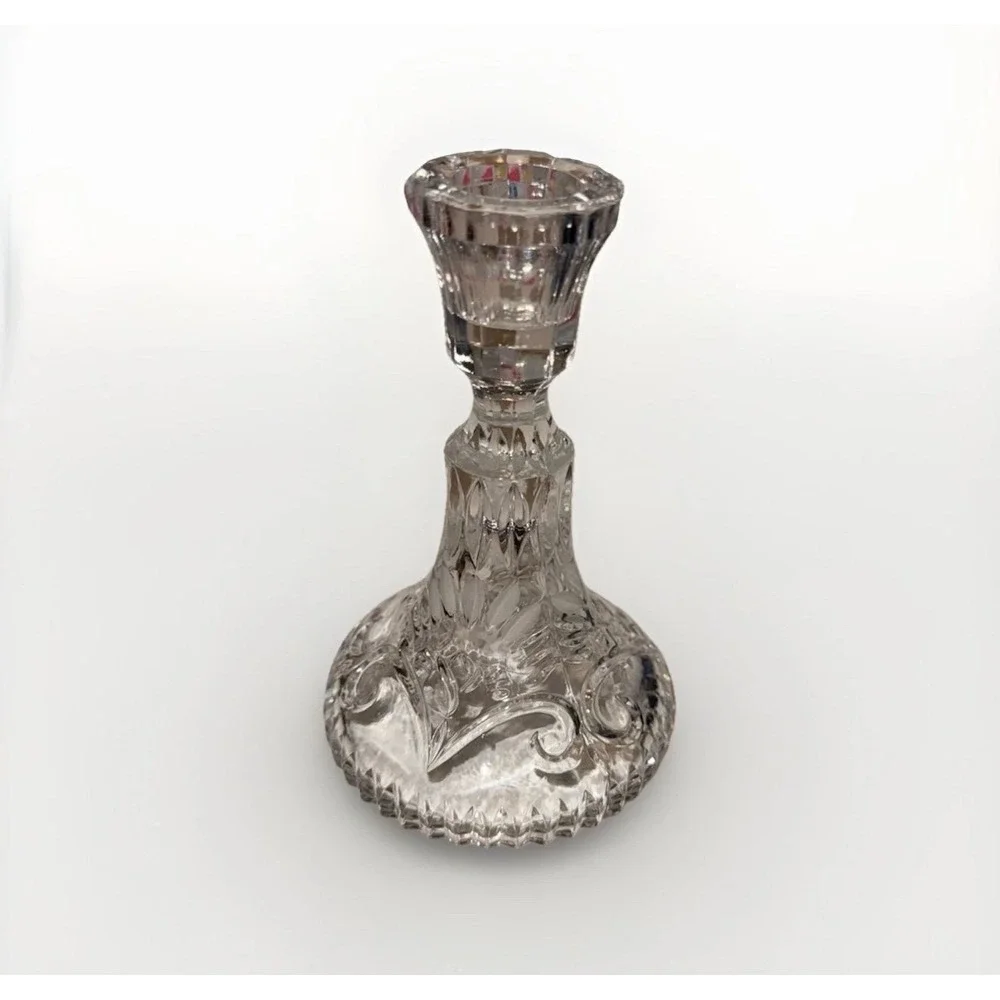 Vintage Cut Lead Crystal Taper Candle Holder Frosted Floral Scroll Bell Base